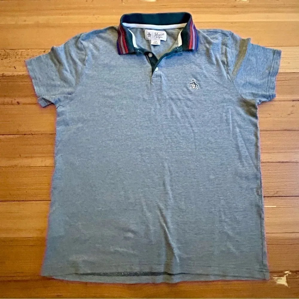 Penguin stripe collar pique pop short sleeve polo. Size L.